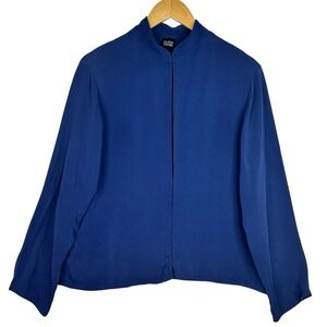 Eileen Fisher 100% Silk Blouse Womens Medium Blue Mandarin Collar Open Front Top